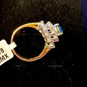 Blue topaz And CZ cluster ring gold  NEW IN BOX